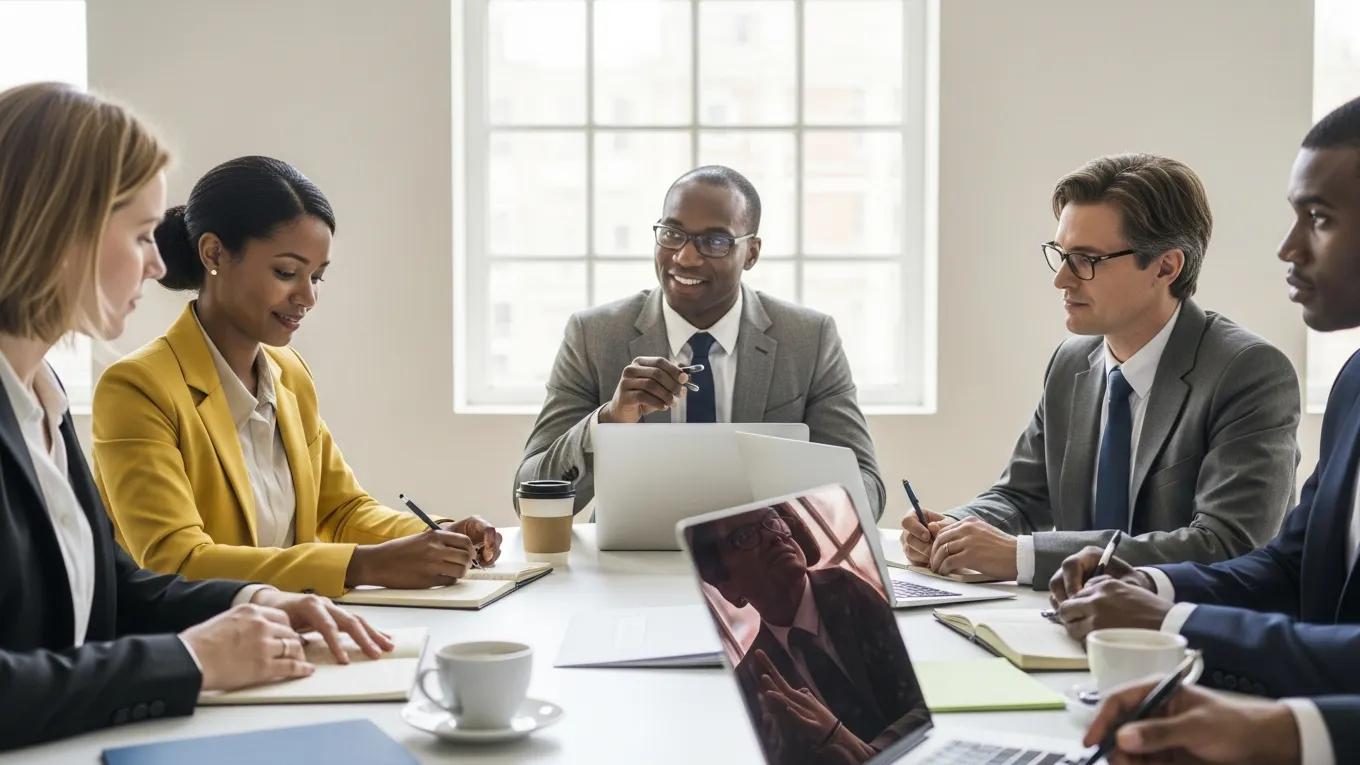 Group of professionals collaborating on a media advisory in a bright office setting