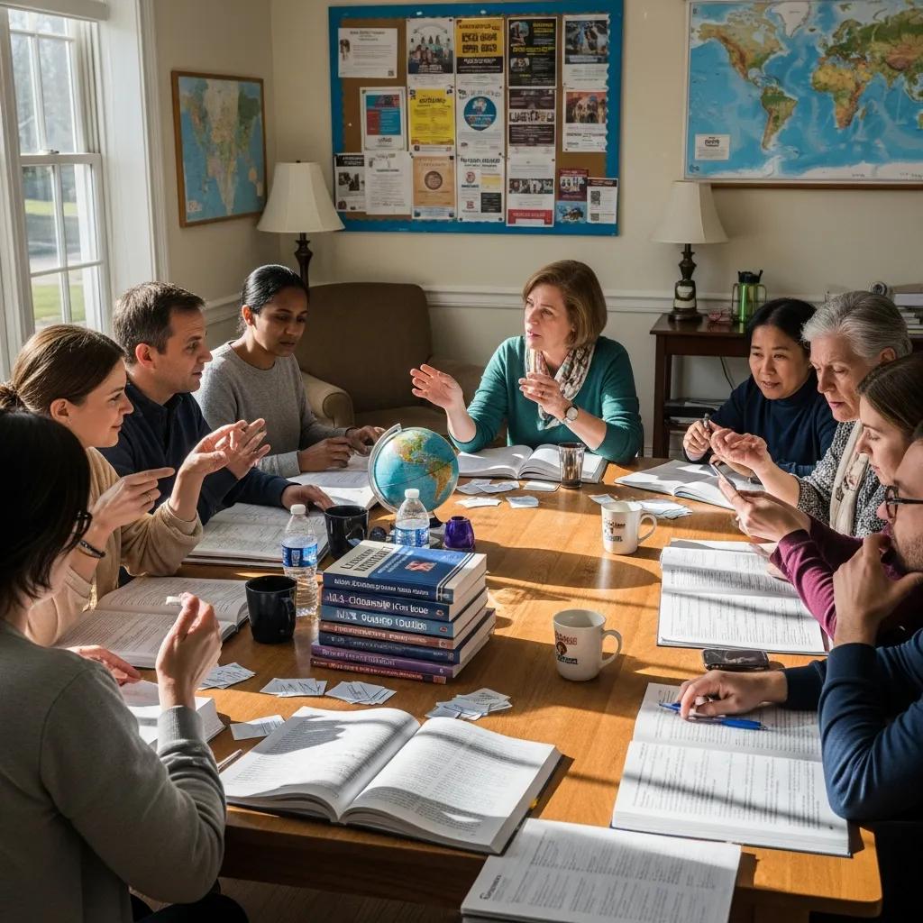 Group studying for citizenship interview with flashcards and books in a cozy setting
