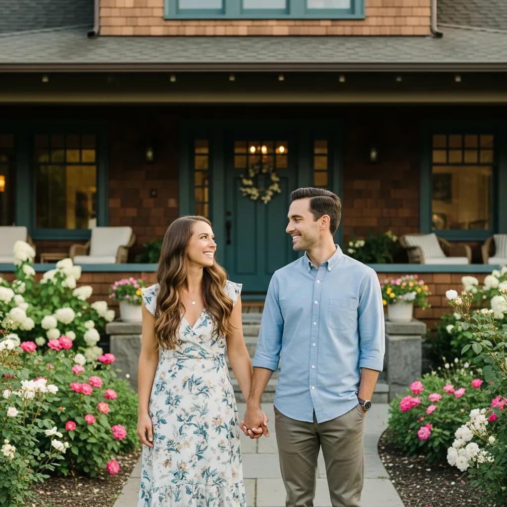 Happy couple in front of their home, representing love and commitment for marriage green card process