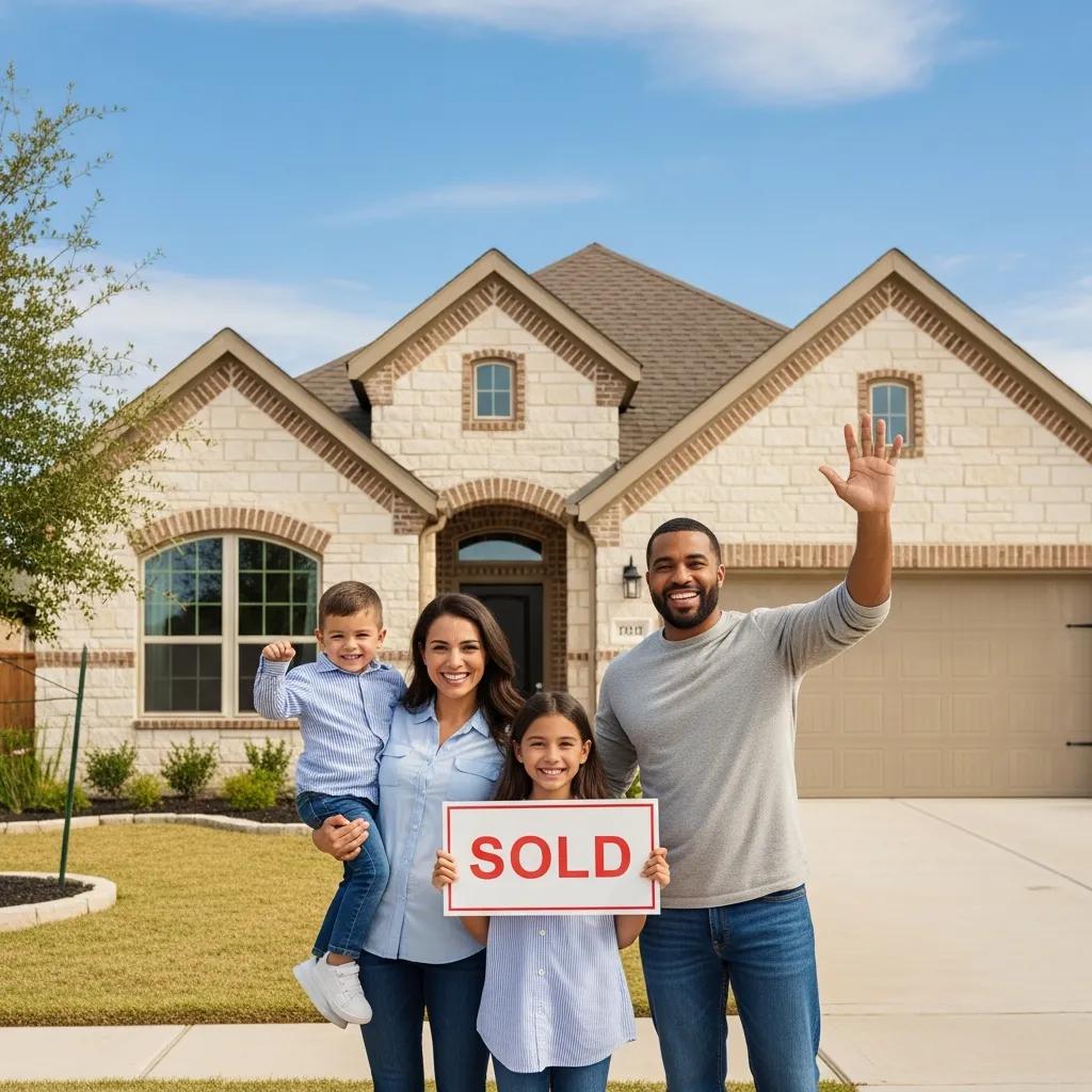 Happy family celebrating homeownership in Dallas-Fort Worth with a 'Sold' sign in front of their new home