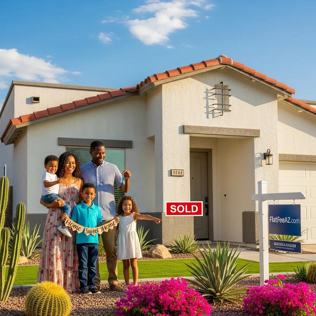Happy family celebrating homeownership in Phoenix, highlighting flat fee realtor benefits
