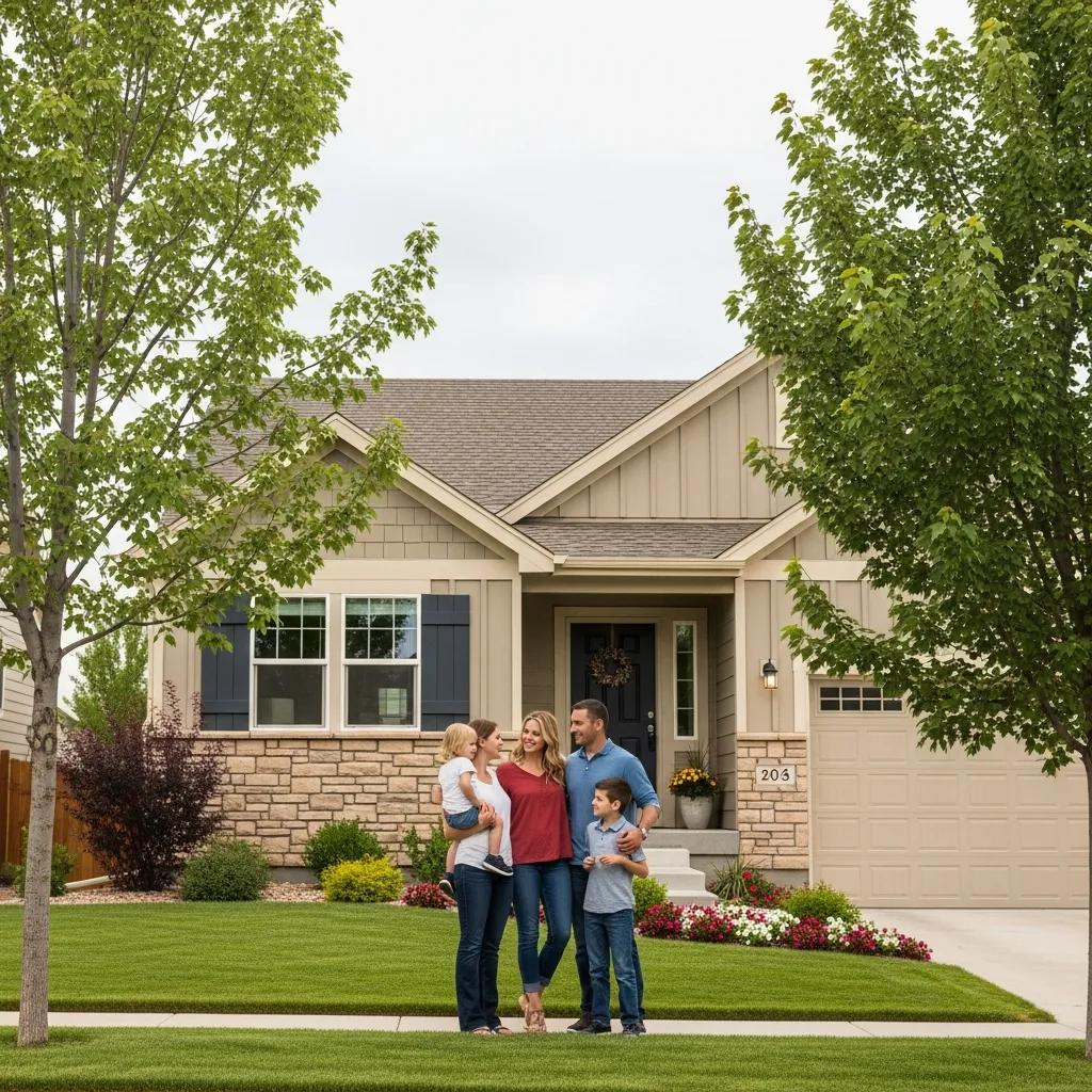 Happy family in front of their new home in Littleton, Colorado, representing the excitement of home buying