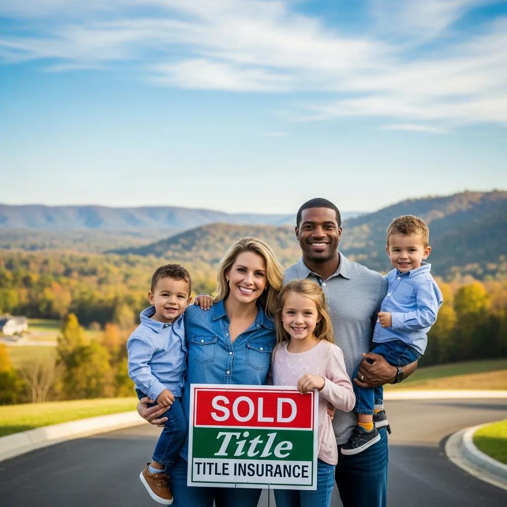 Happy family in front of their new home in West Virginia, emphasizing the importance of title insurance for homebuyers