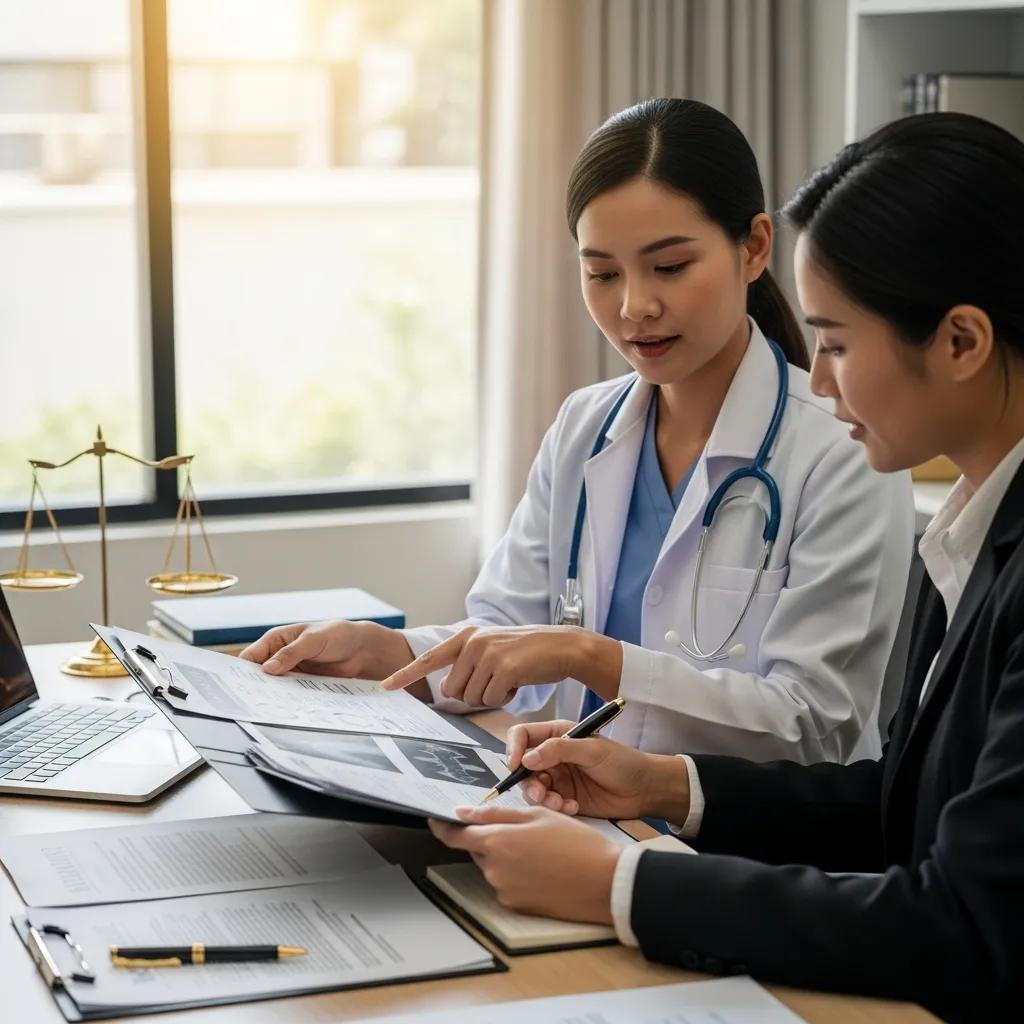 Healthcare and legal professionals collaborating on patient care in a modern office
