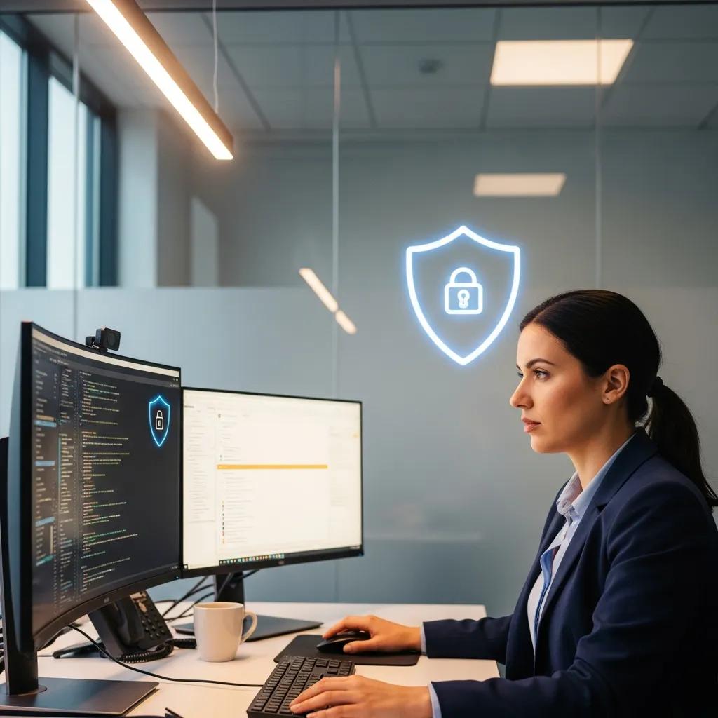 Healthcare IT professional ensuring HIPAA compliance in a secure office setting