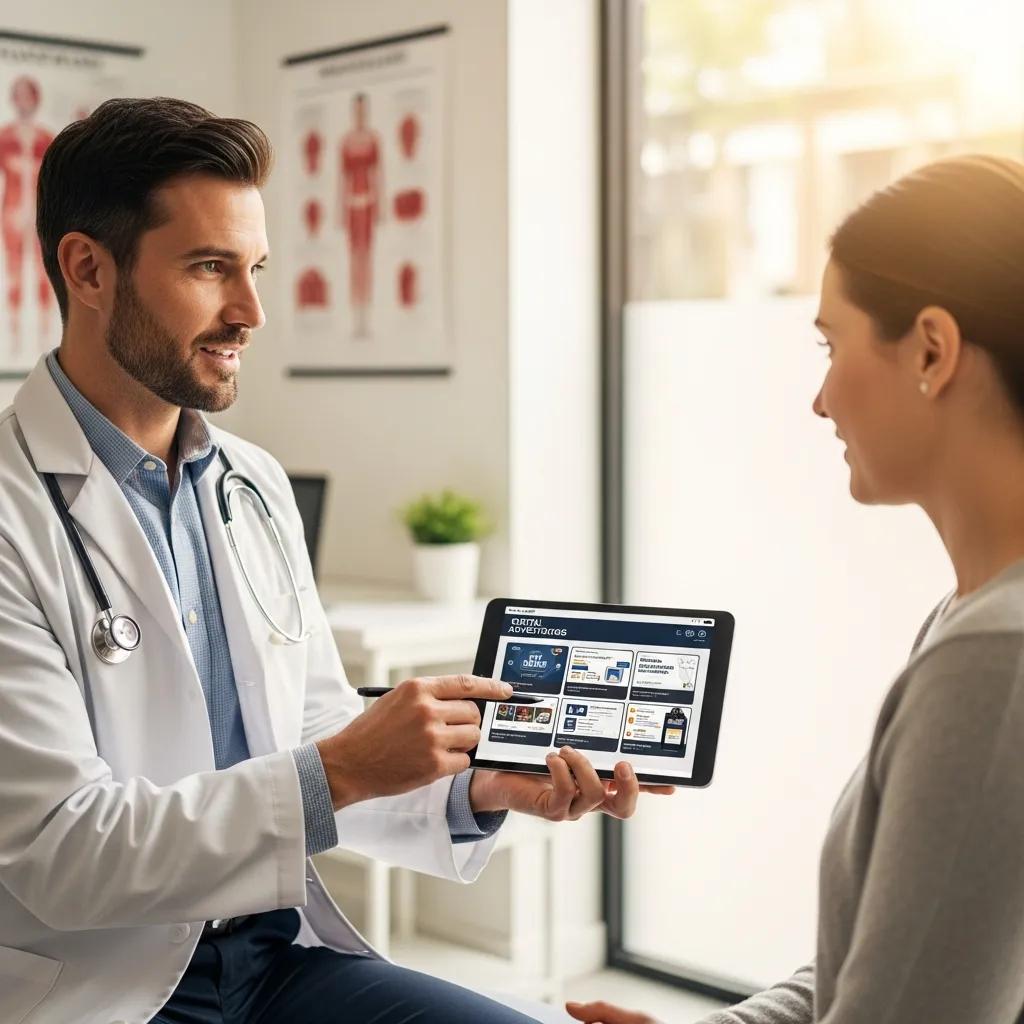 Healthcare professional discussing digital advertising strategies with a patient in a modern clinic