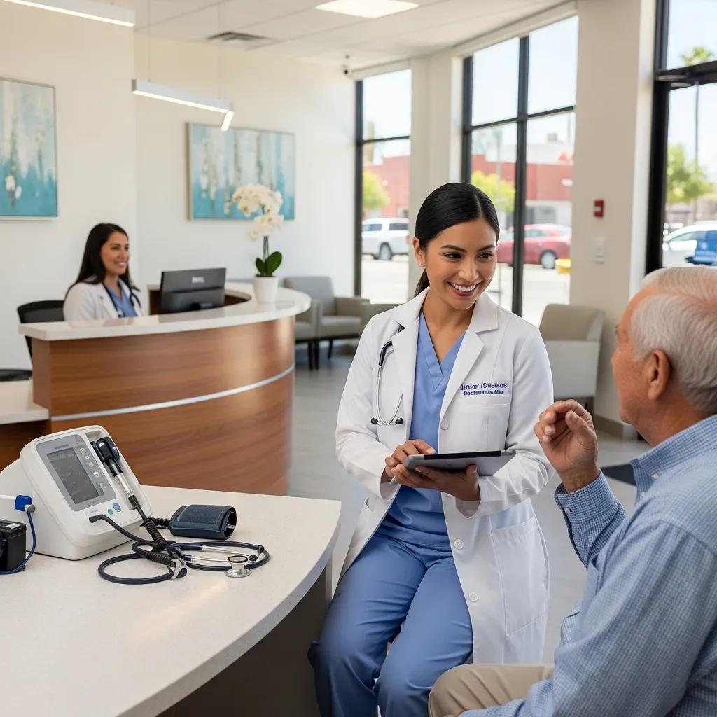 Healthcare professional engaging with a patient in a modern clinic, emphasizing trust and community in medical marketing