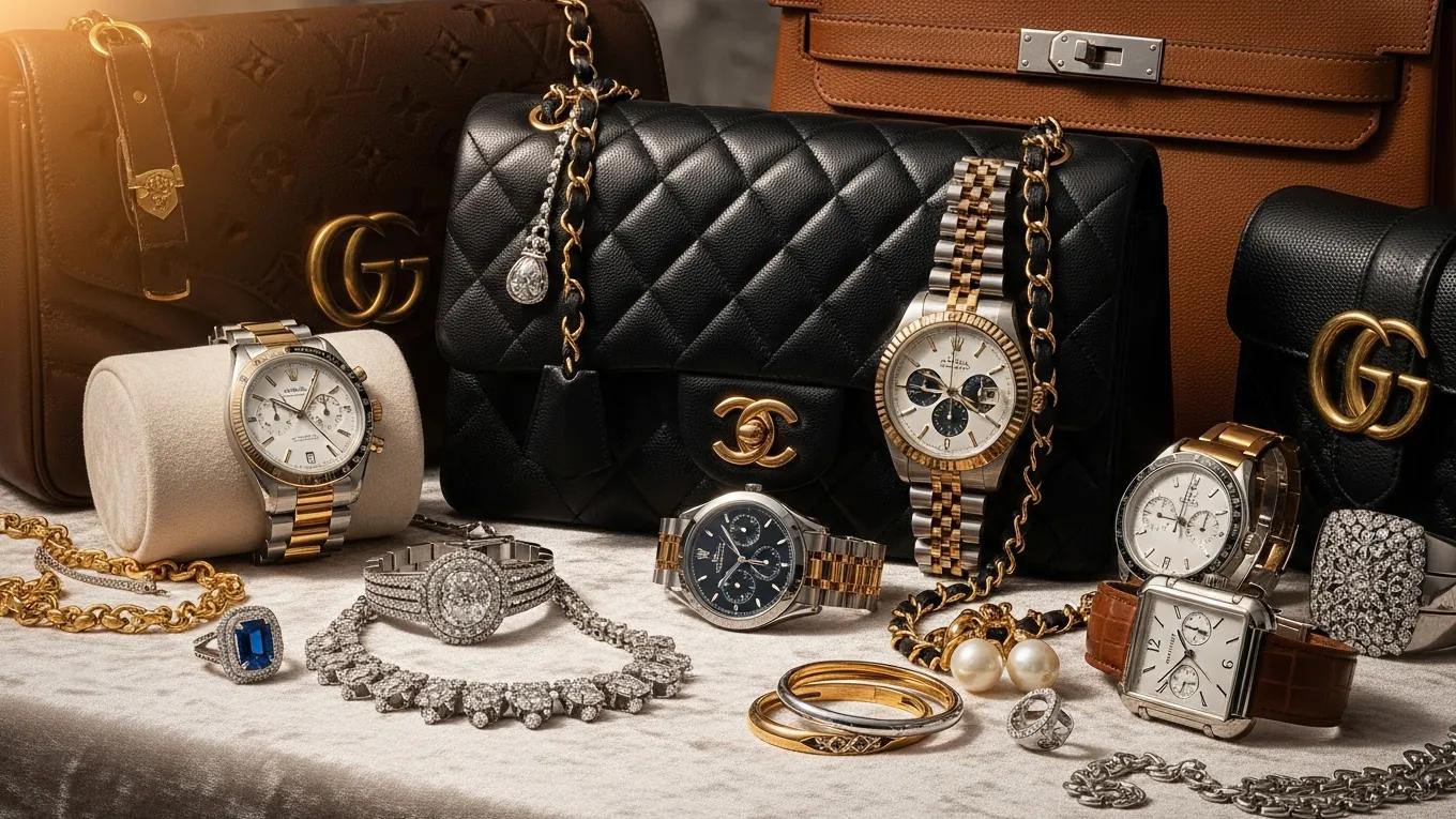 High-end second-hand luxury items including handbags, watches, and jewelry displayed elegantly