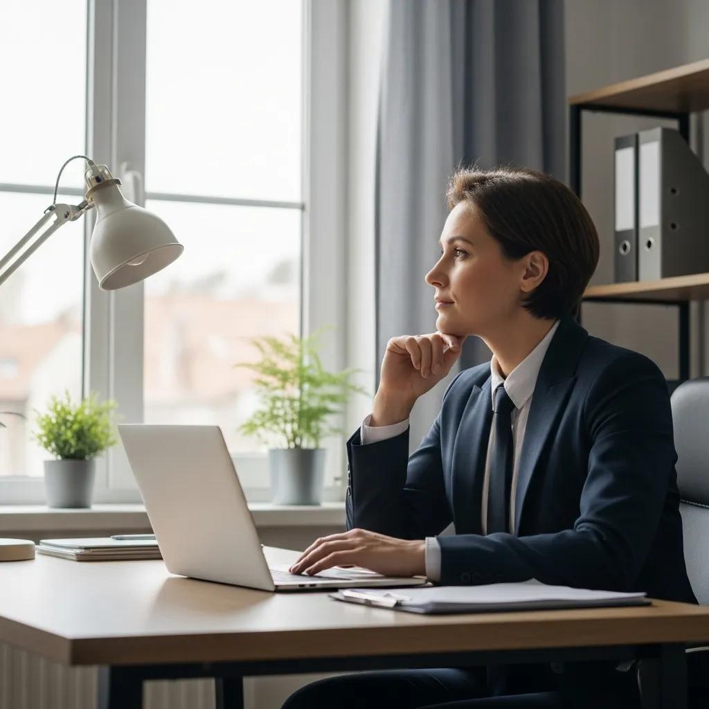 High-functioning individual in a professional setting reflecting on hidden addiction