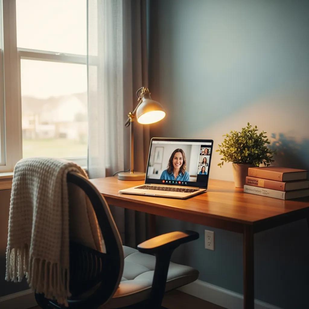 Home office setup for online therapy, featuring a laptop and calming decor
