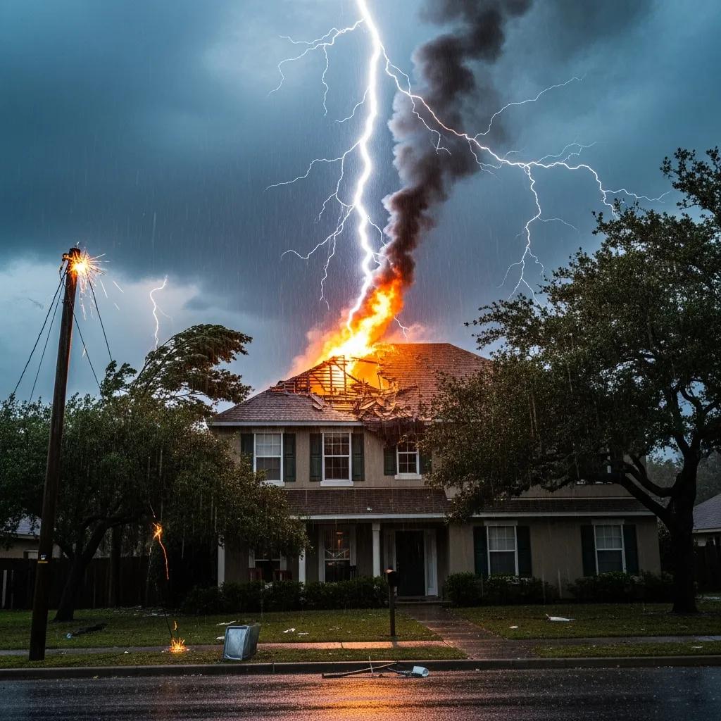 House with visible lightning damage, emphasizing urgency for restoration and insurance claims