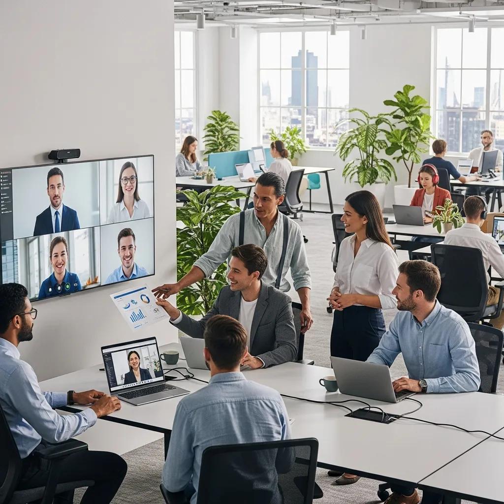 Hybrid workplace setup with remote and in-office collaboration