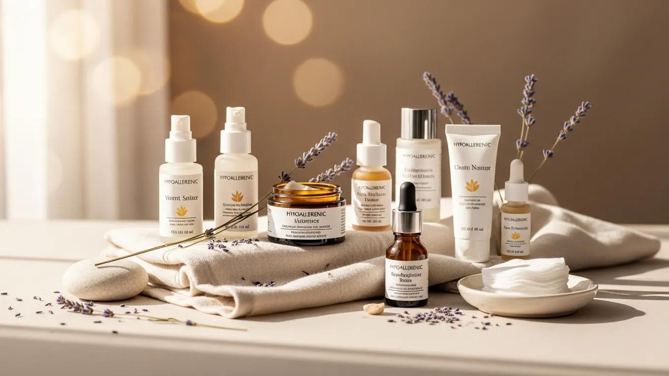Hypoallergenic skincare products arranged aesthetically for sensitive skin treatment