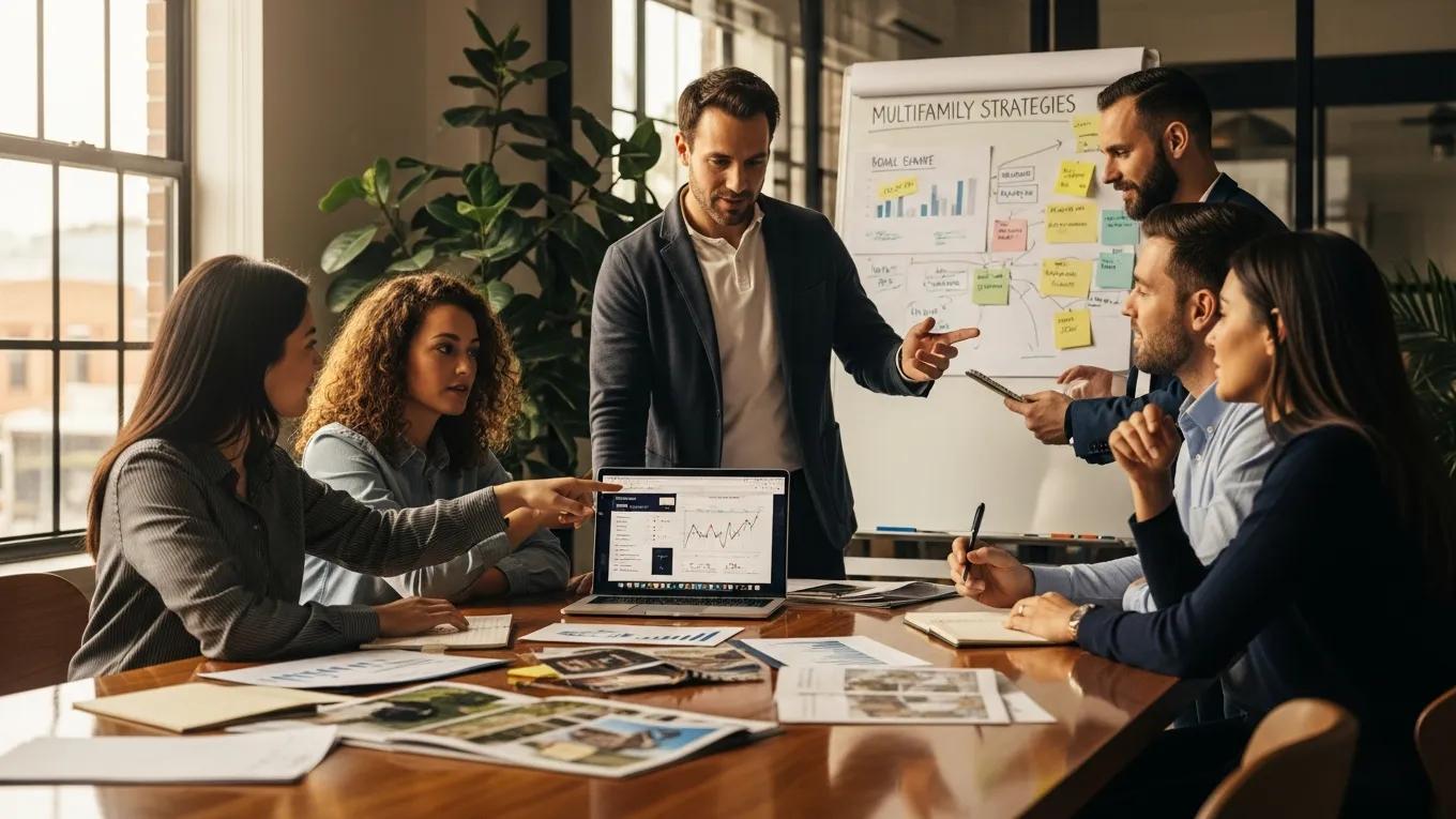 Investors discussing multifamily investment strategies in a modern office