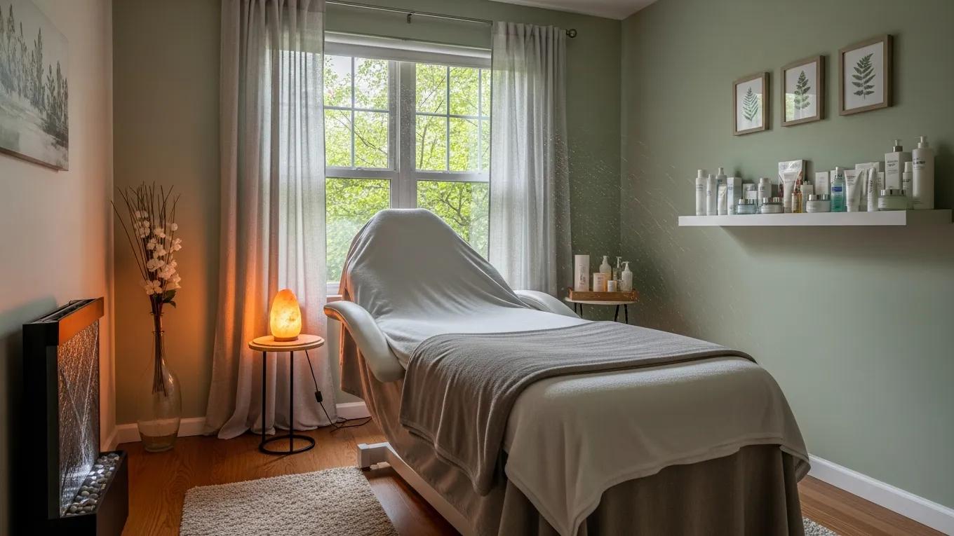 Inviting facial spa treatment room with calming decor and skincare products