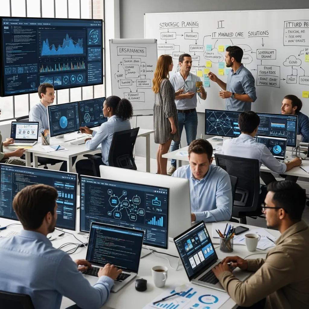 IT professionals collaborating in a modern office, emphasizing technology solutions and teamwork