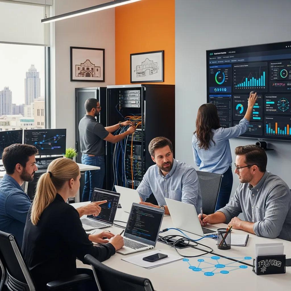 IT professionals collaborating in a modern office, highlighting managed IT services for business continuity