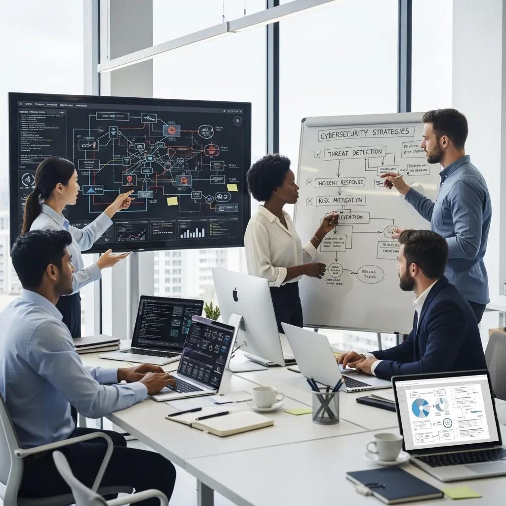 IT professionals collaborating on cybersecurity solutions in a modern office