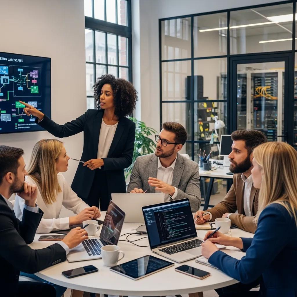 IT specialists collaborating on cybersecurity strategies in a modern office