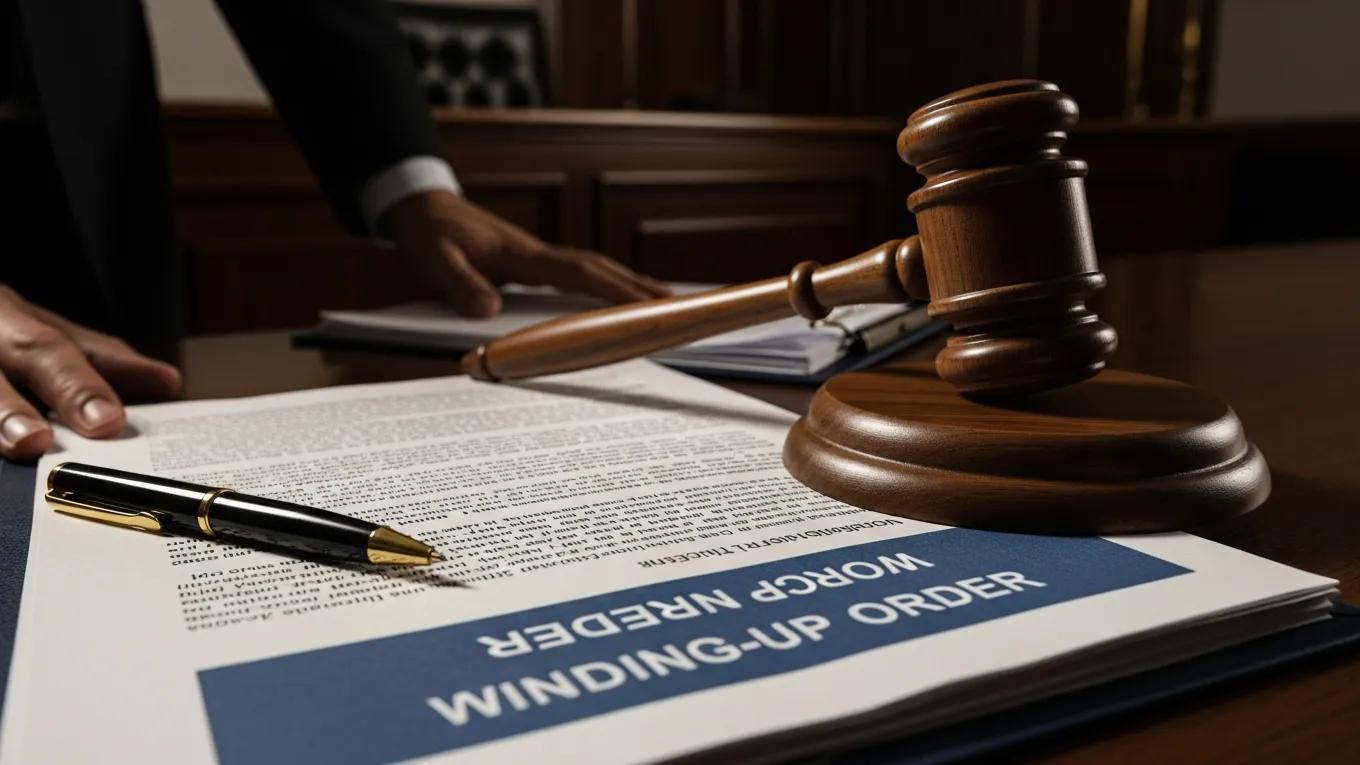 Legal setting with gavel and documents representing winding up orders and corporate law