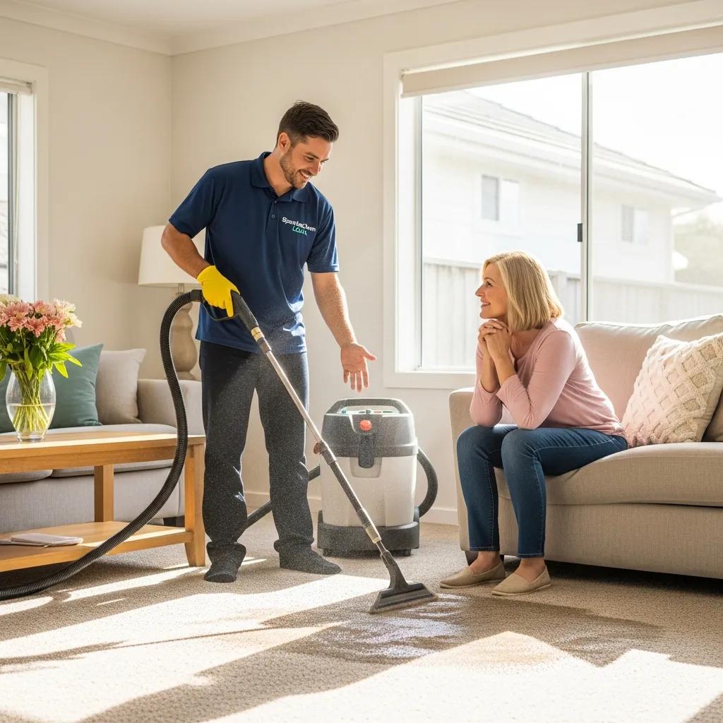 Local carpet cleaning technician interacting with a satisfied customer in a clean home