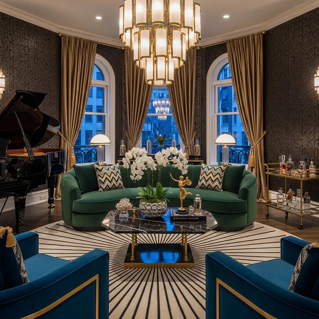Luxurious Art Deco living room with geometric patterns and rich colors