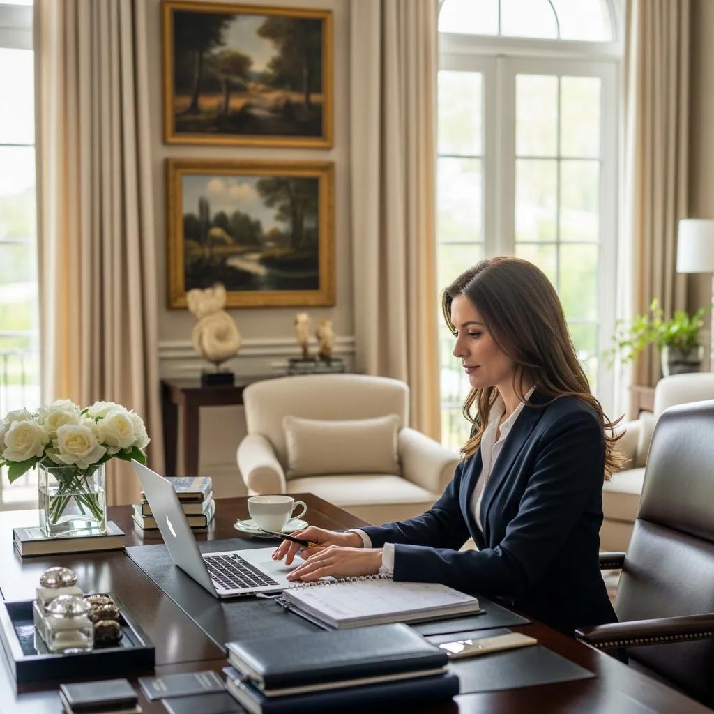 Elegant home office where a personal assistant manages schedules and logistics for discerning clients