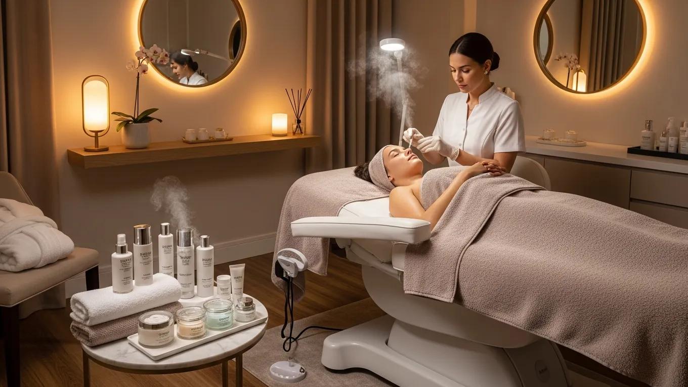 Luxurious skincare treatment room with a client receiving a facial, highlighting the benefits of skincare memberships