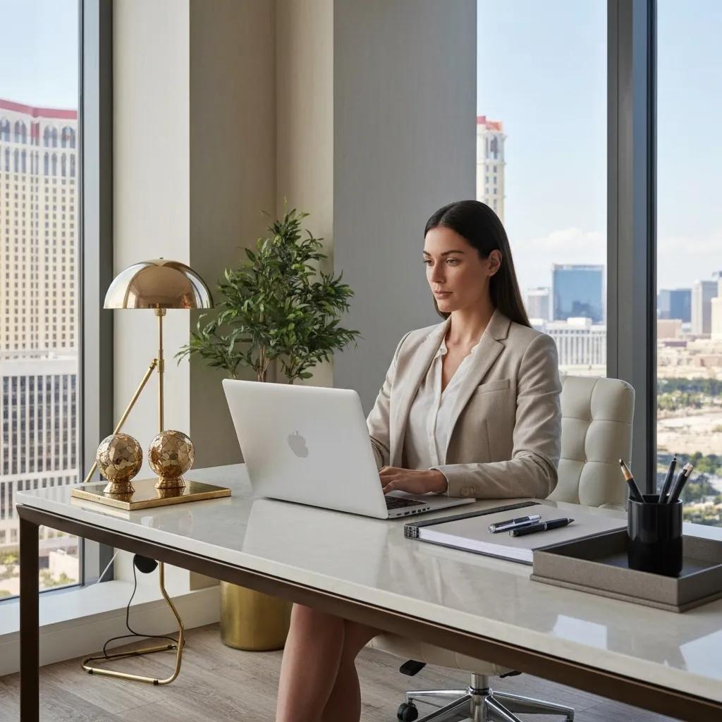 Luxury personal assistant in a stylish office setting with Las Vegas skyline