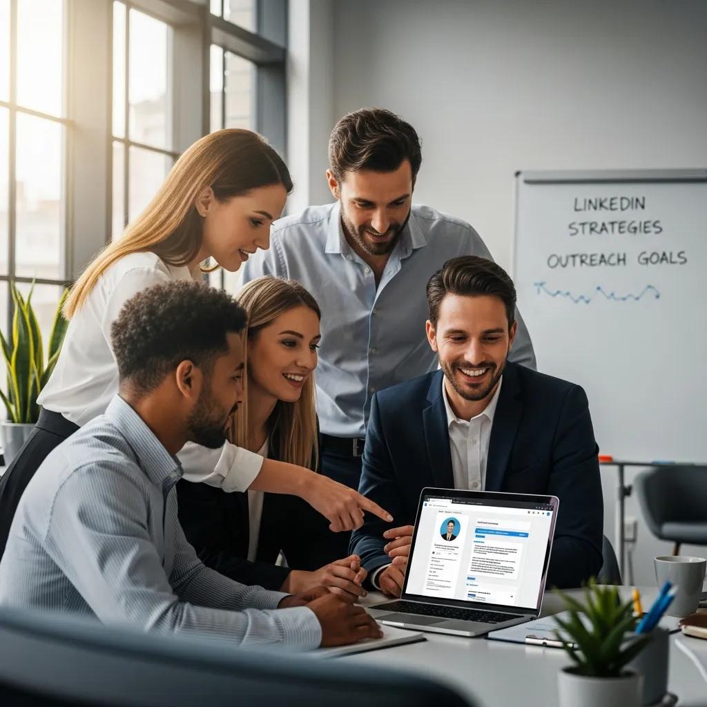 Marketing professionals collaborating on LinkedIn outreach strategies in a modern office