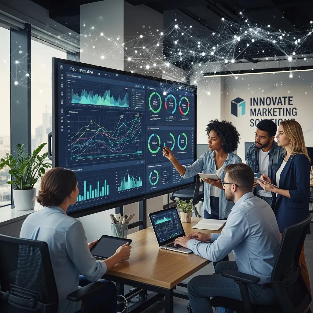 Marketing team analyzing predictive analytics data in a modern office setting