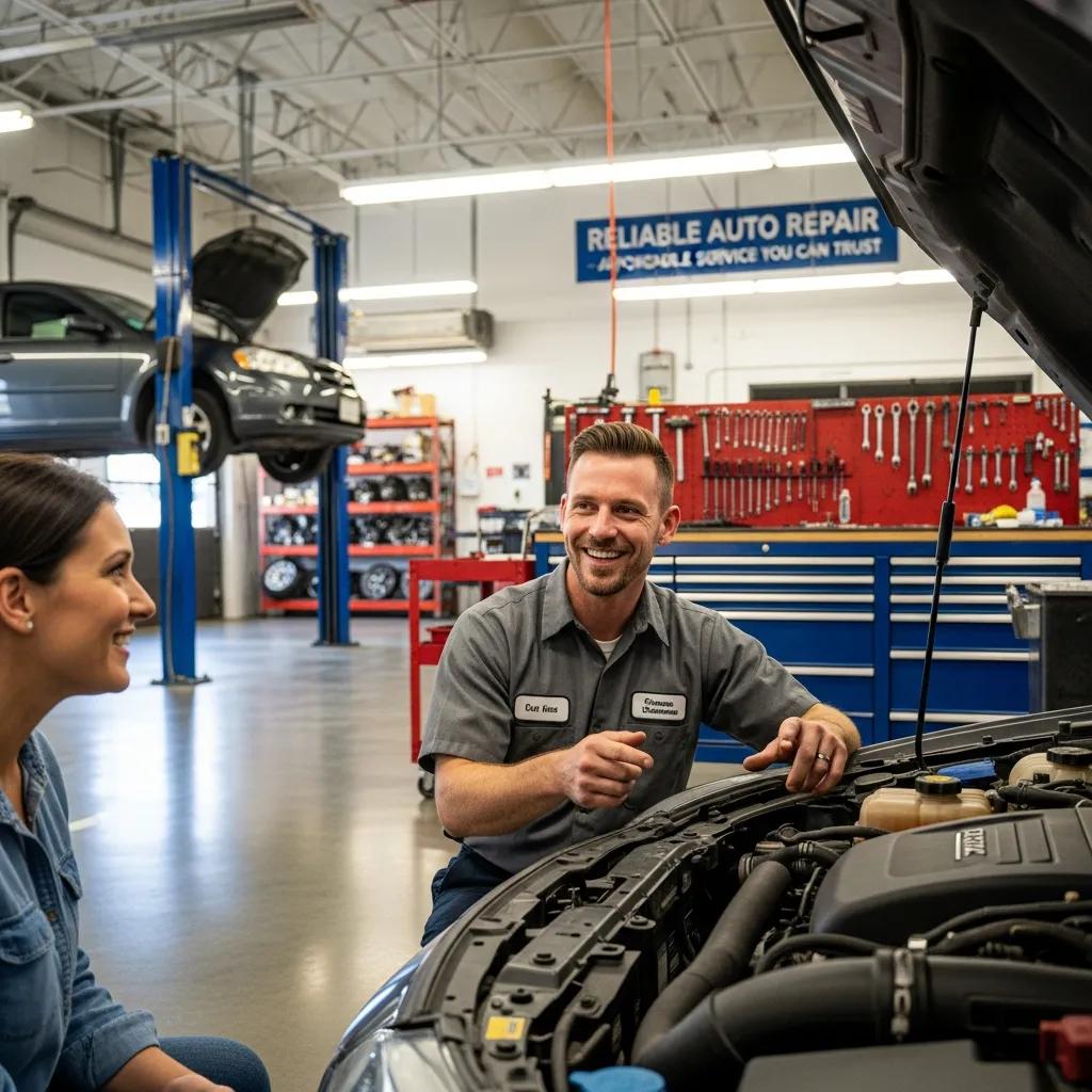 Mechanic assisting a customer in a garage, symbolizing affordable auto repair services