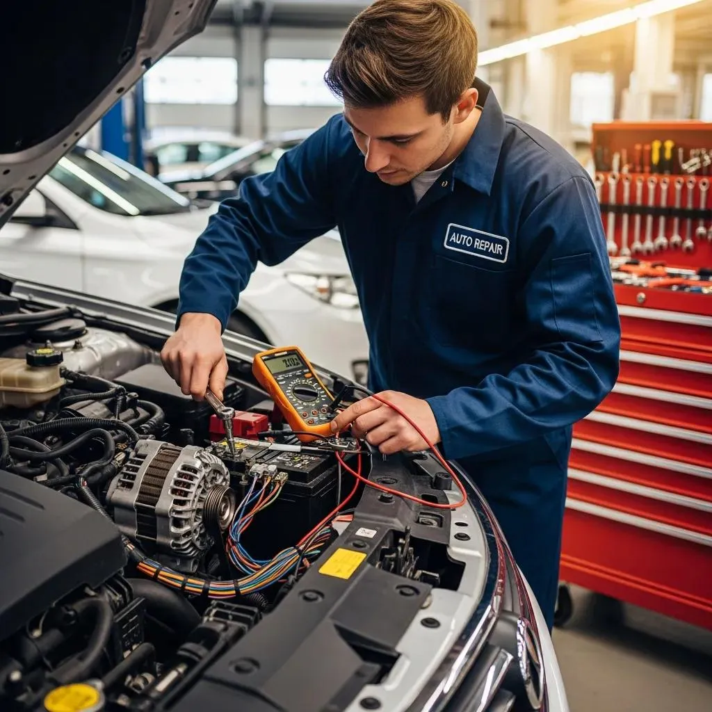 Mechanic repairing vehicle electrical system with focus on alternator and battery