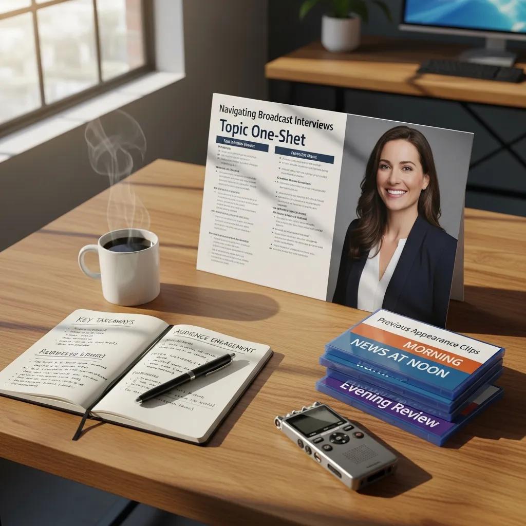 Media kit elements displayed on a desk, highlighting professional headshot and topic one-sheet