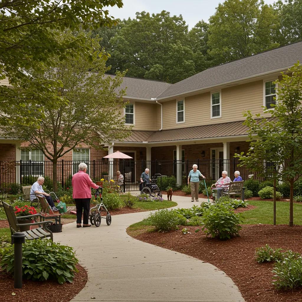 Memory care facility courtyard with residents engaging in activities, highlighting a safe and supportive environment