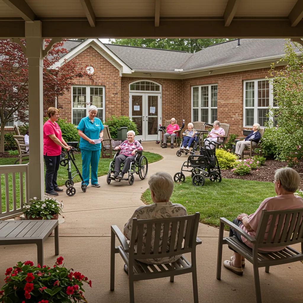 Memory care facility in West Virginia with caregivers and residents in a garden setting