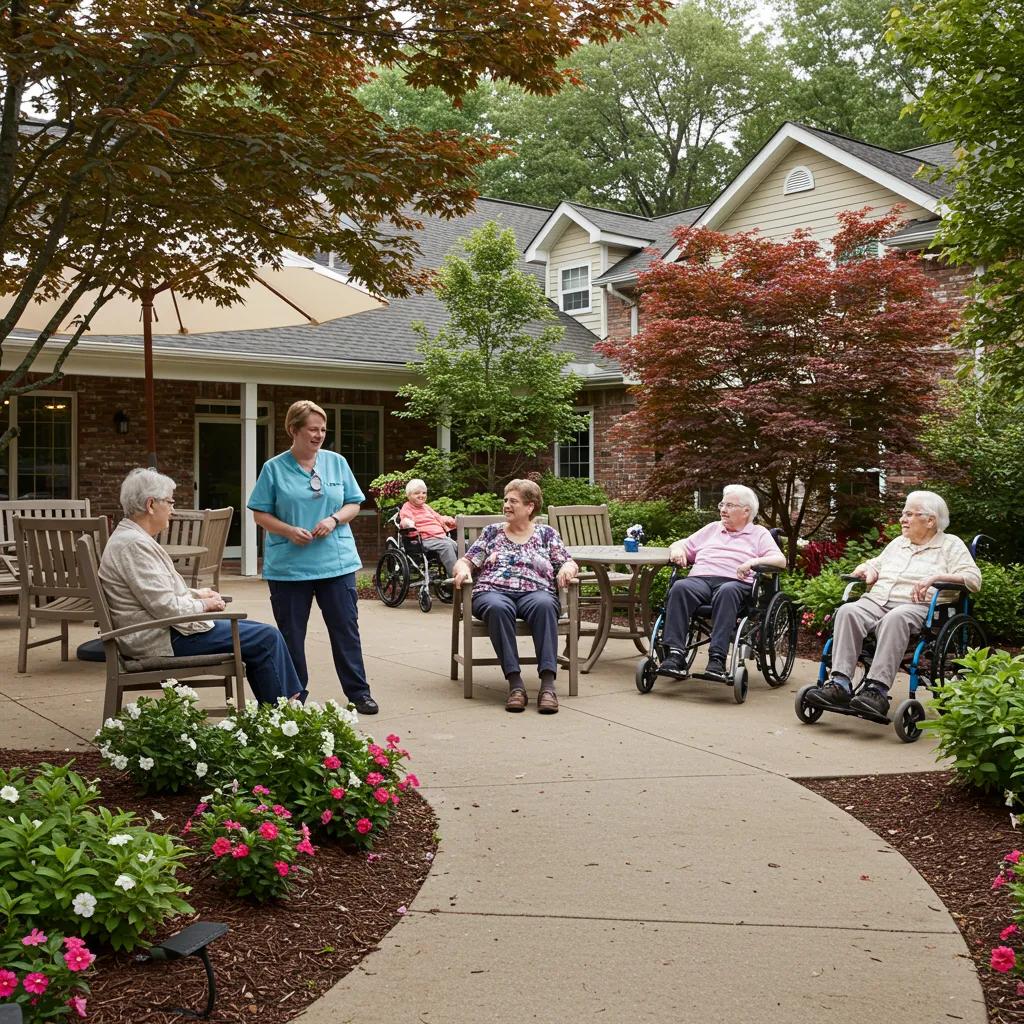 Memory care facility in West Virginia with residents and caregivers in a serene garden setting