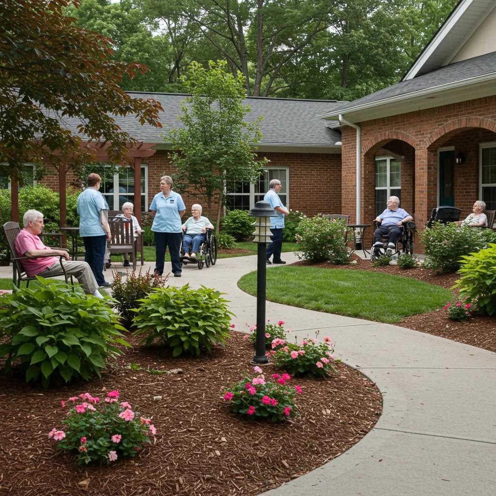 Memory care facility in West Virginia with residents and caregivers in a supportive environment