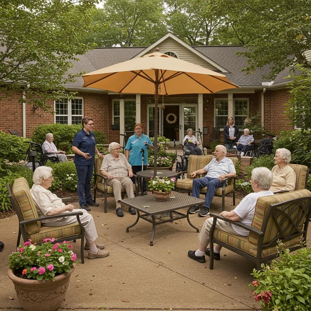 Memory care facility in West Virginia with residents and staff in a garden setting
