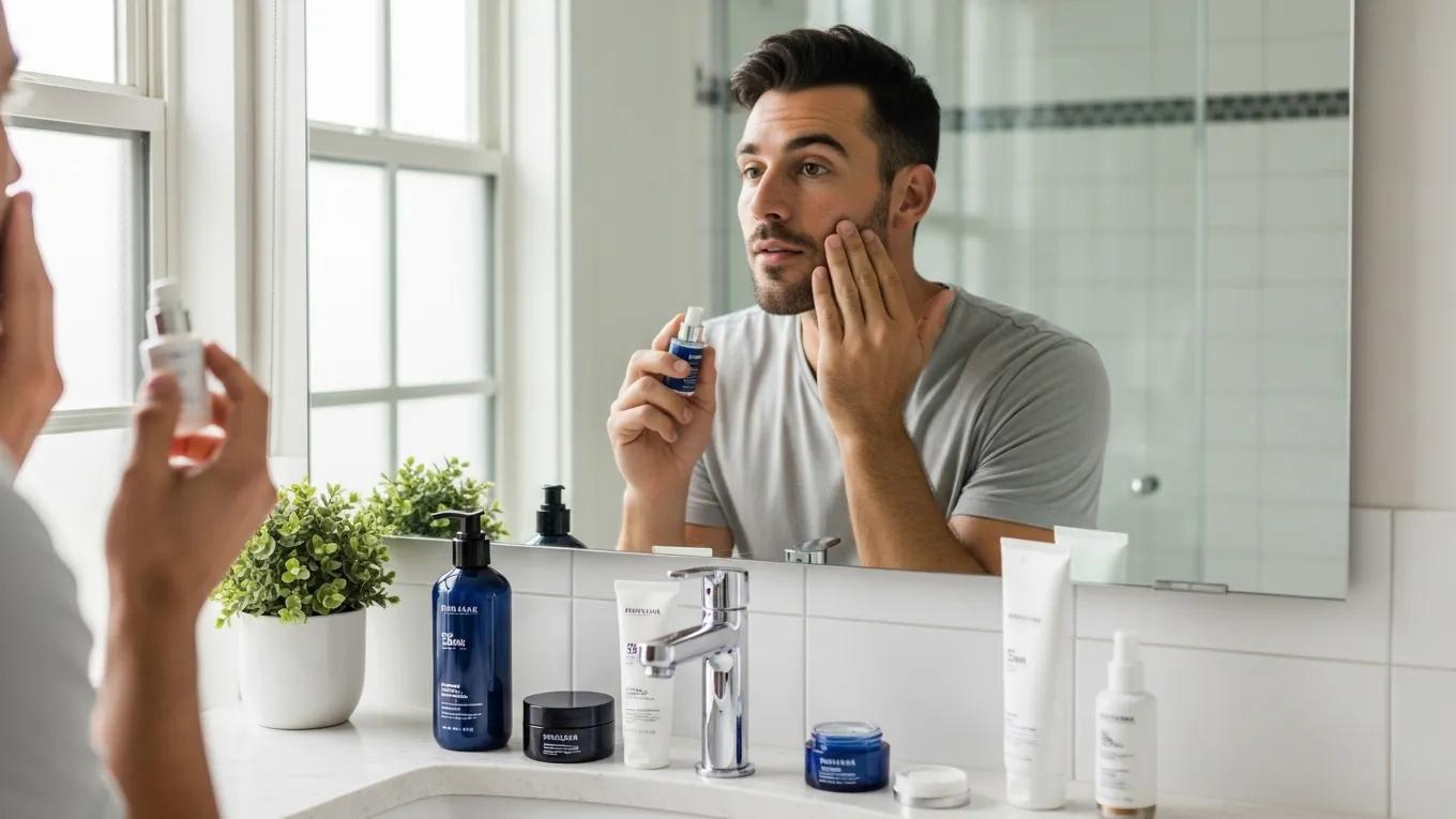 Men's skincare products displayed in a modern bathroom with a man applying moisturizer