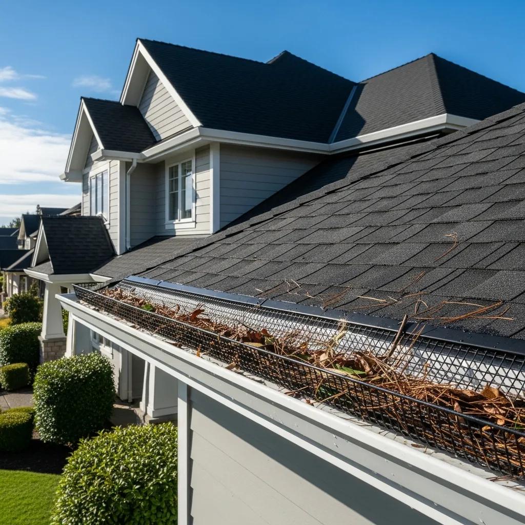 Mesh gutter guard installed on a house, illustrating its protective function against debris