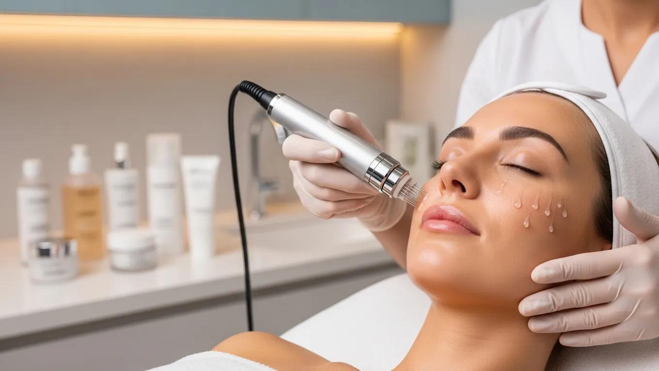 Microchanneling treatment setup with skincare products and a model receiving treatment