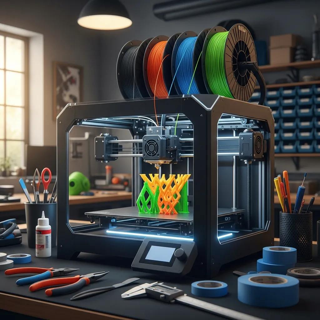 Modern 3D printer in a workshop with colorful filaments and a prototype