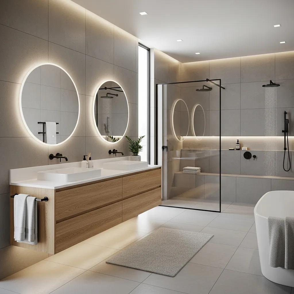 Modern bathroom design featuring floating vanity and natural materials