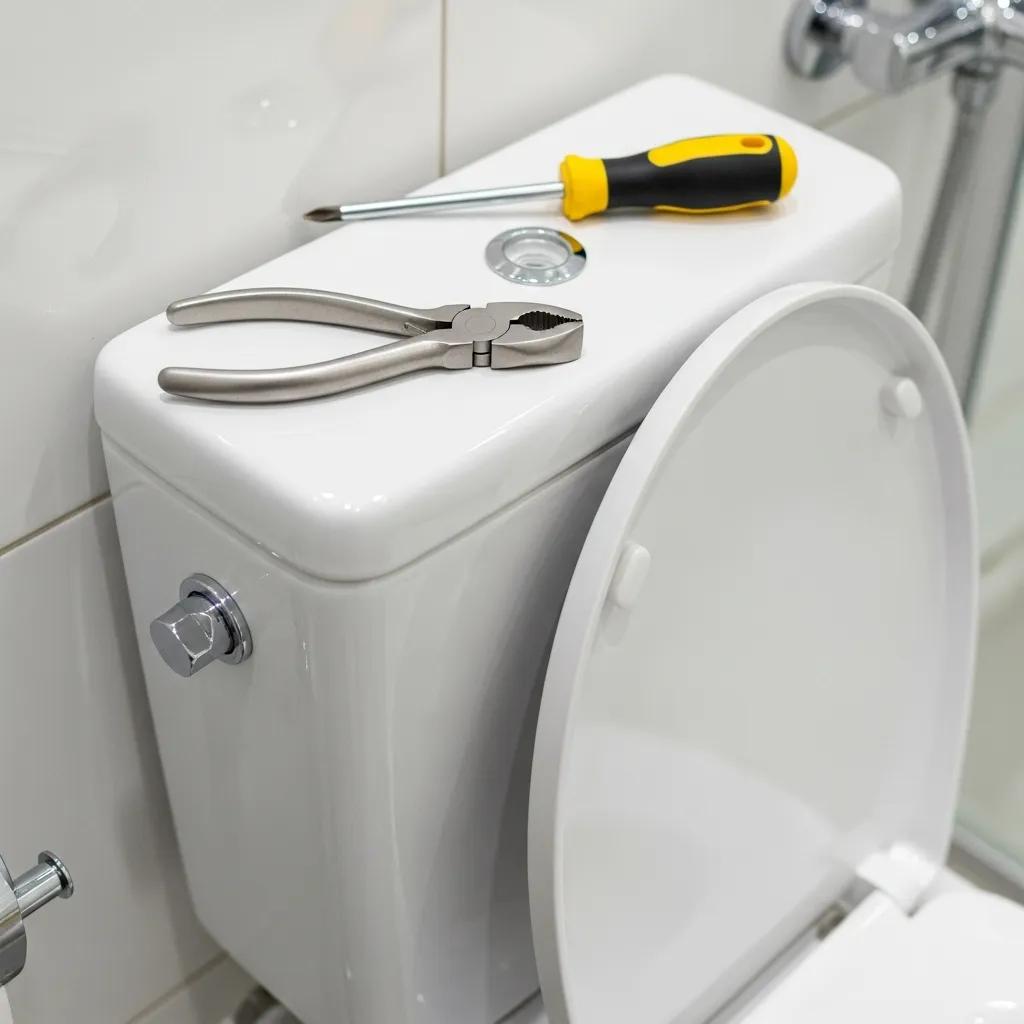 Modern bathroom with tools for DIY toilet repair, highlighting the importance of fixing running toilets