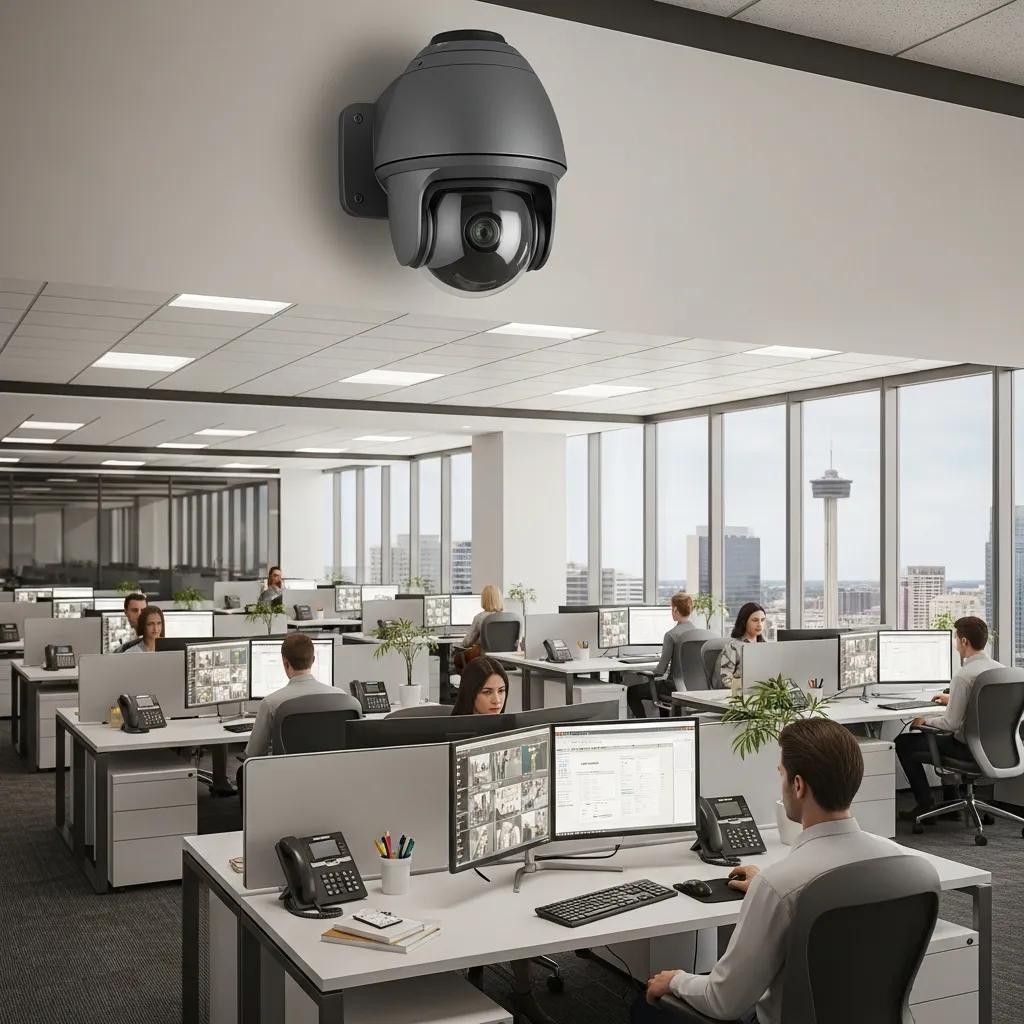 Modern business surveillance setup with IP camera in a San Antonio office
