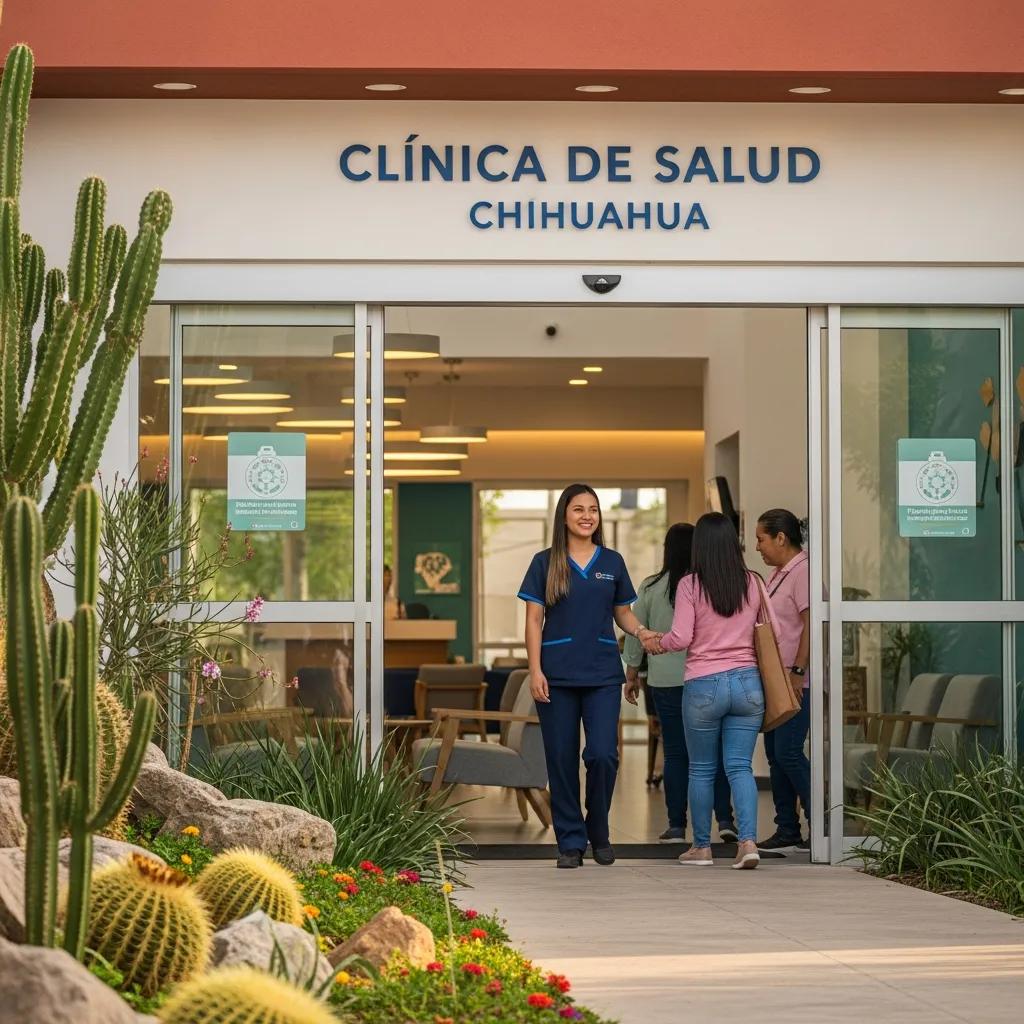 Modern clinic entrance in Chihuahua with welcoming staff and greenery
