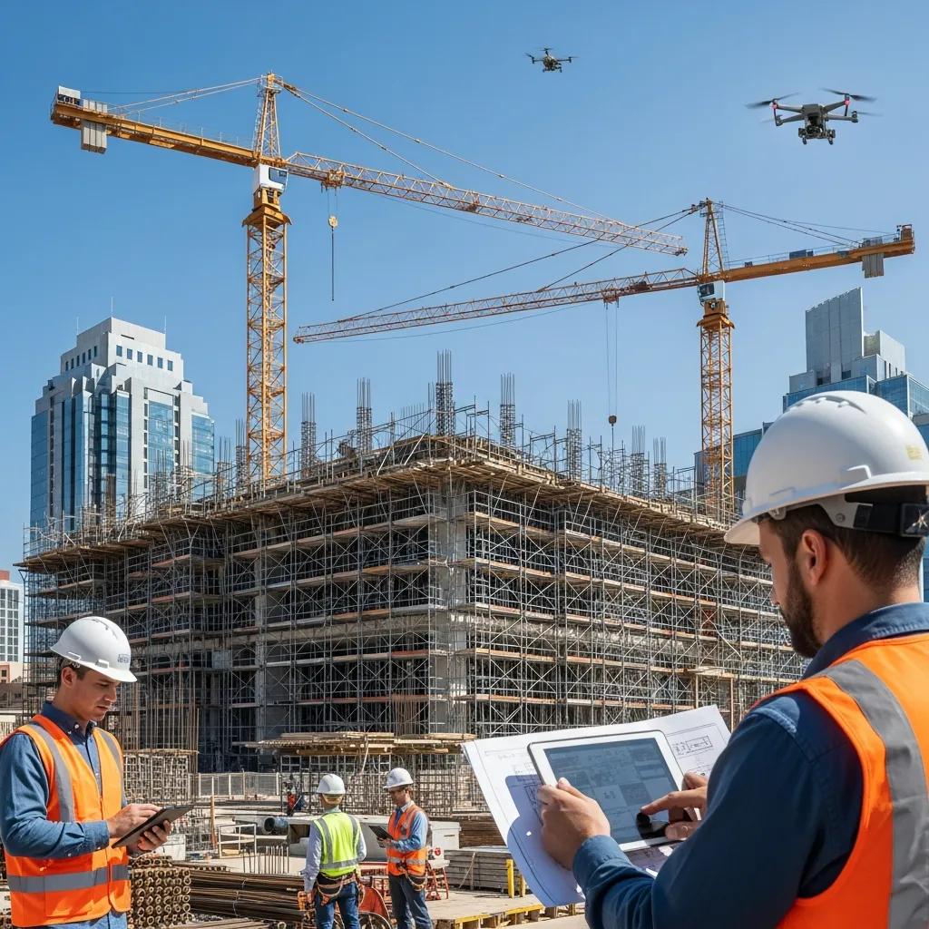 Modern construction site in San Antonio with workers using technology