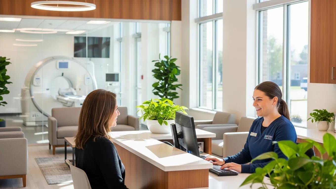 Modern diagnostic imaging center reception with friendly staff and medical equipment
