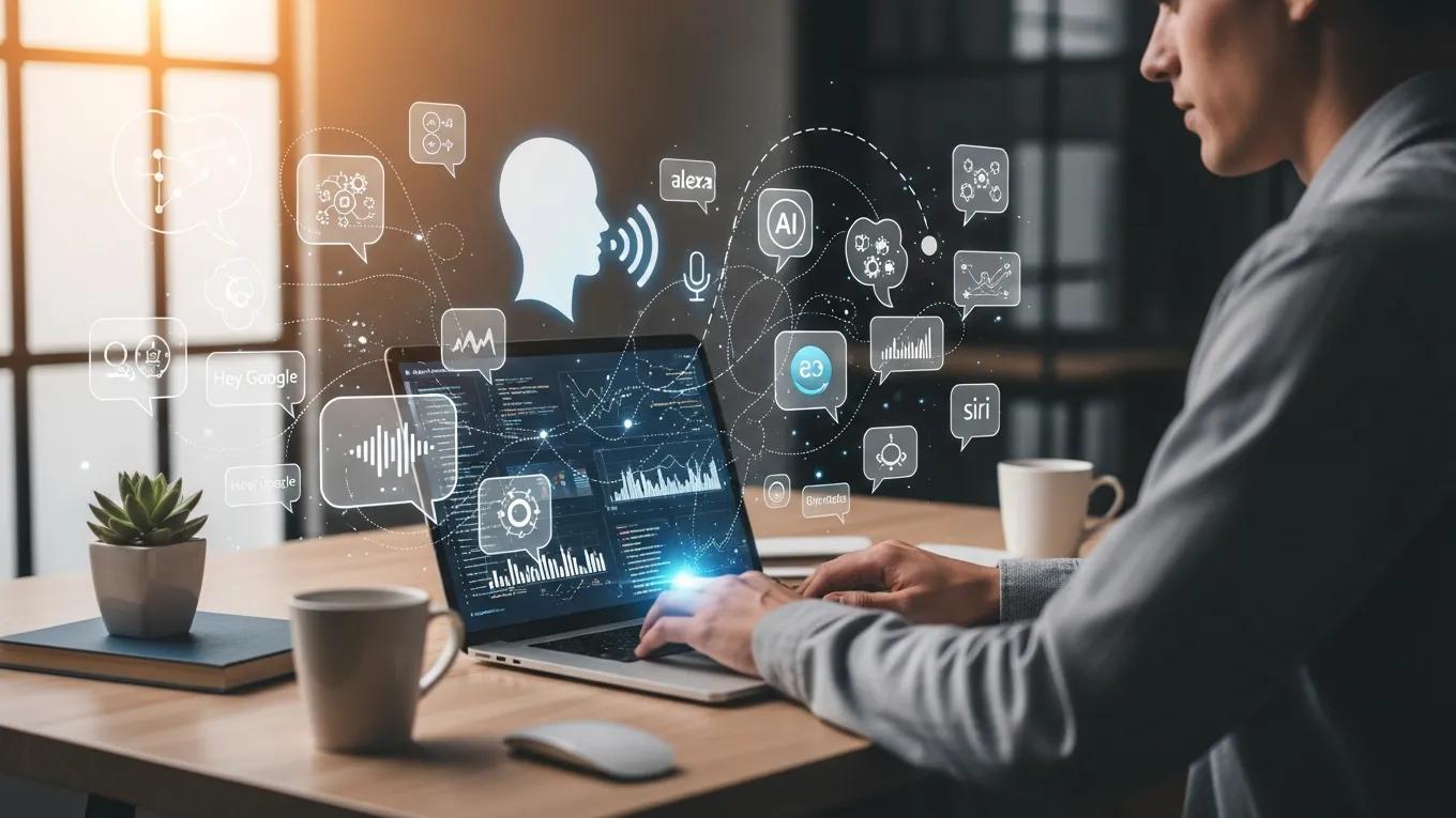 Modern digital workspace with AI and voice search technology elements
